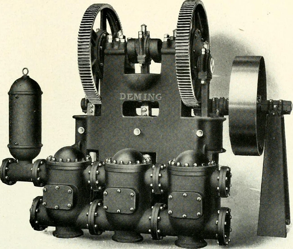 An illustration from Pumping machinery : for operation by any power : single and double acting triplex pumps for various services, deep well power working heads, artesian well cylinders, rotary and centrifugal pumps manufactured by the Deming Company, Salem, Ohio, U.S.A, 1915, leaf 20