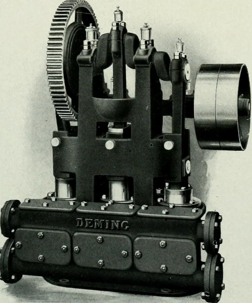 An illustration from Pumping machinery : for operation by any power : single and double acting triplex pumps for various services, deep well power working heads, artesian well cylinders, rotary and centrifugal pumps manufactured by the Deming Company, Salem, Ohio, U.S.A, 1915, leaf 21