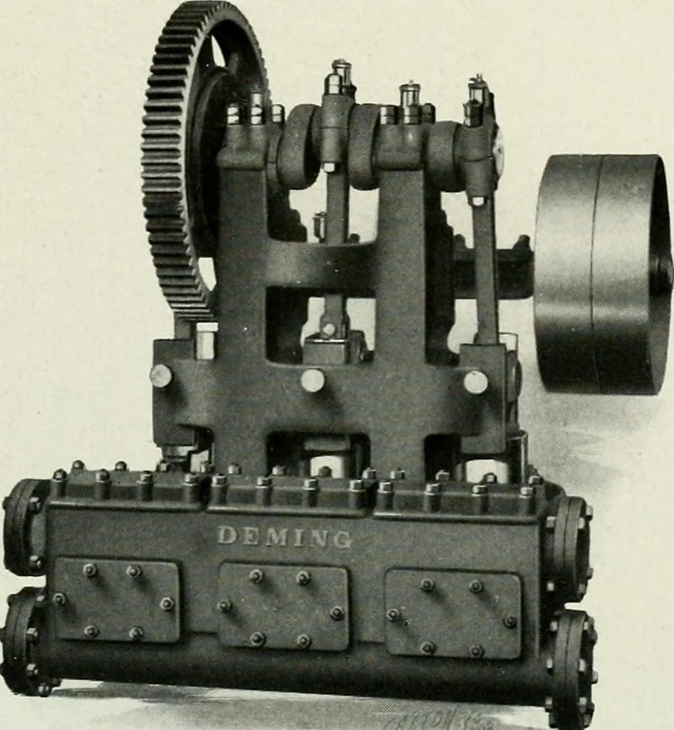An illustration from Pumping machinery : for operation by any power : single and double acting triplex pumps for various services, deep well power working heads, artesian well cylinders, rotary and centrifugal pumps manufactured by the Deming Company, Salem, Ohio, U.S.A, 1915, leaf 23