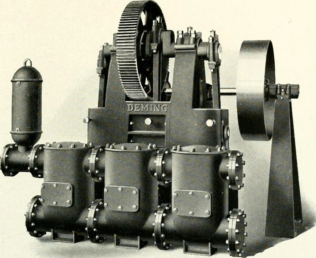 An illustration from Pumping machinery : for operation by any power : single and double acting triplex pumps for various services, deep well power working heads, artesian well cylinders, rotary and centrifugal pumps manufactured by the Deming Company, Salem, Ohio, U.S.A, 1915, leaf 24