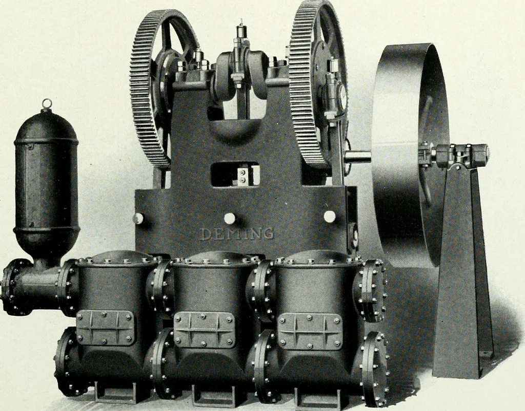 An illustration from Pumping machinery : for operation by any power : single and double acting triplex pumps for various services, deep well power working heads, artesian well cylinders, rotary and centrifugal pumps manufactured by the Deming Company, Salem, Ohio, U.S.A, 1915, leaf 24