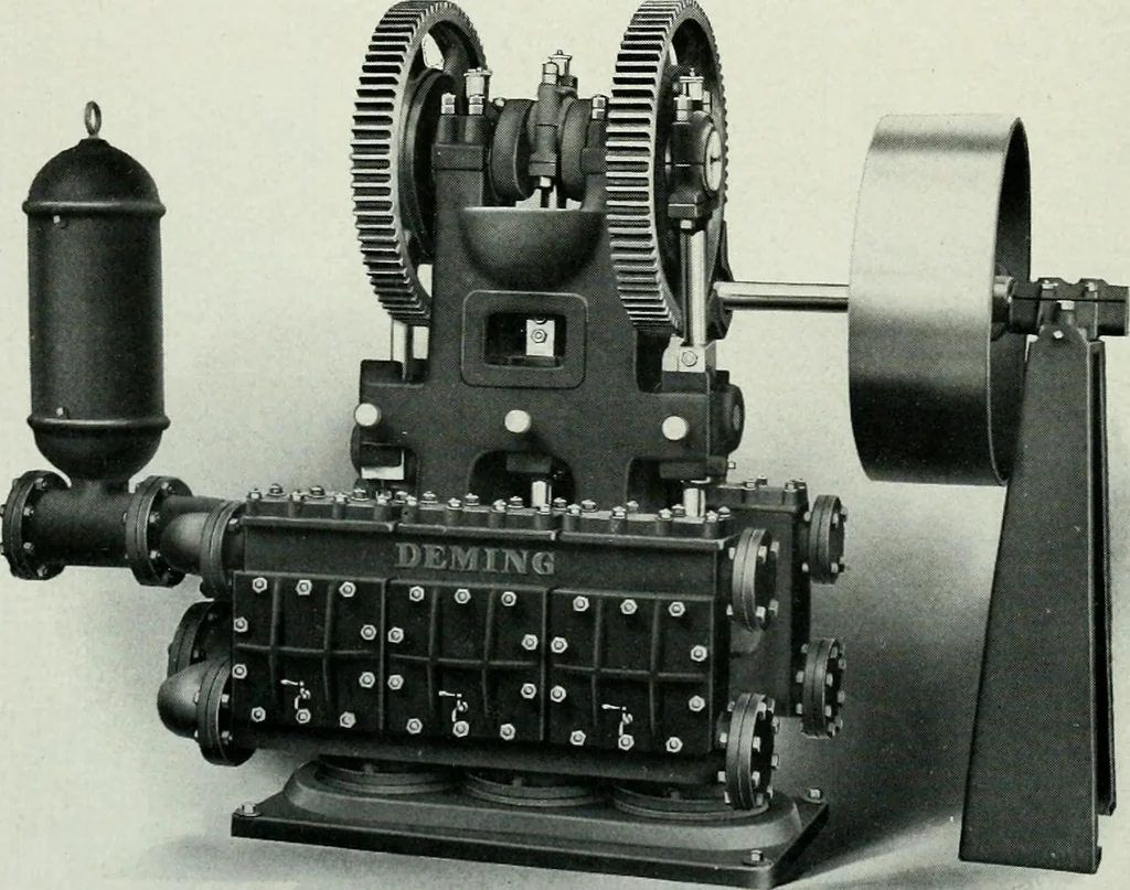An illustration from Pumping machinery : for operation by any power : single and double acting triplex pumps for various services, deep well power working heads, artesian well cylinders, rotary and centrifugal pumps manufactured by the Deming Company, Salem, Ohio, U.S.A, 1915, leaf 25