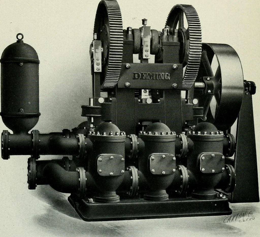 An illustration from Pumping machinery : for operation by any power : single and double acting triplex pumps for various services, deep well power working heads, artesian well cylinders, rotary and centrifugal pumps manufactured by the Deming Company, Salem, Ohio, U.S.A, 1915, leaf 27