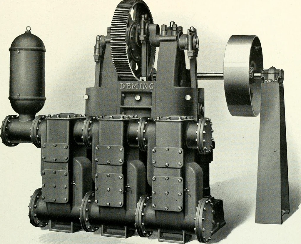 An illustration from Pumping machinery : for operation by any power : single and double acting triplex pumps for various services, deep well power working heads, artesian well cylinders, rotary and centrifugal pumps manufactured by the Deming Company, Salem, Ohio, U.S.A, 1915, leaf 28