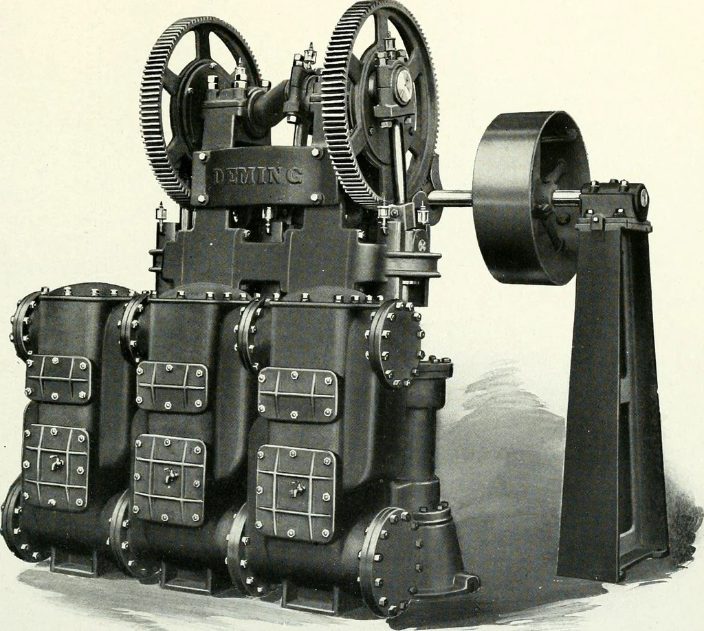 An illustration from Pumping machinery : for operation by any power : single and double acting triplex pumps for various services, deep well power working heads, artesian well cylinders, rotary and centrifugal pumps manufactured by the Deming Company, Salem, Ohio, U.S.A, 1915, leaf 30
