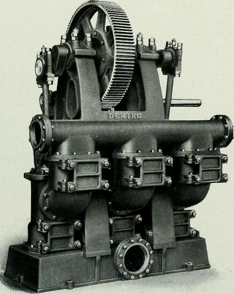 An illustration from Pumping machinery : for operation by any power : single and double acting triplex pumps for various services, deep well power working heads, artesian well cylinders, rotary and centrifugal pumps manufactured by the Deming Company, Salem, Ohio, U.S.A, 1915, leaf 31