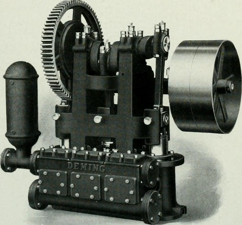 An illustration from Pumping machinery : for operation by any power : single and double acting triplex pumps for various services, deep well power working heads, artesian well cylinders, rotary and centrifugal pumps manufactured by the Deming Company, Salem, Ohio, U.S.A, 1915, leaf 33
