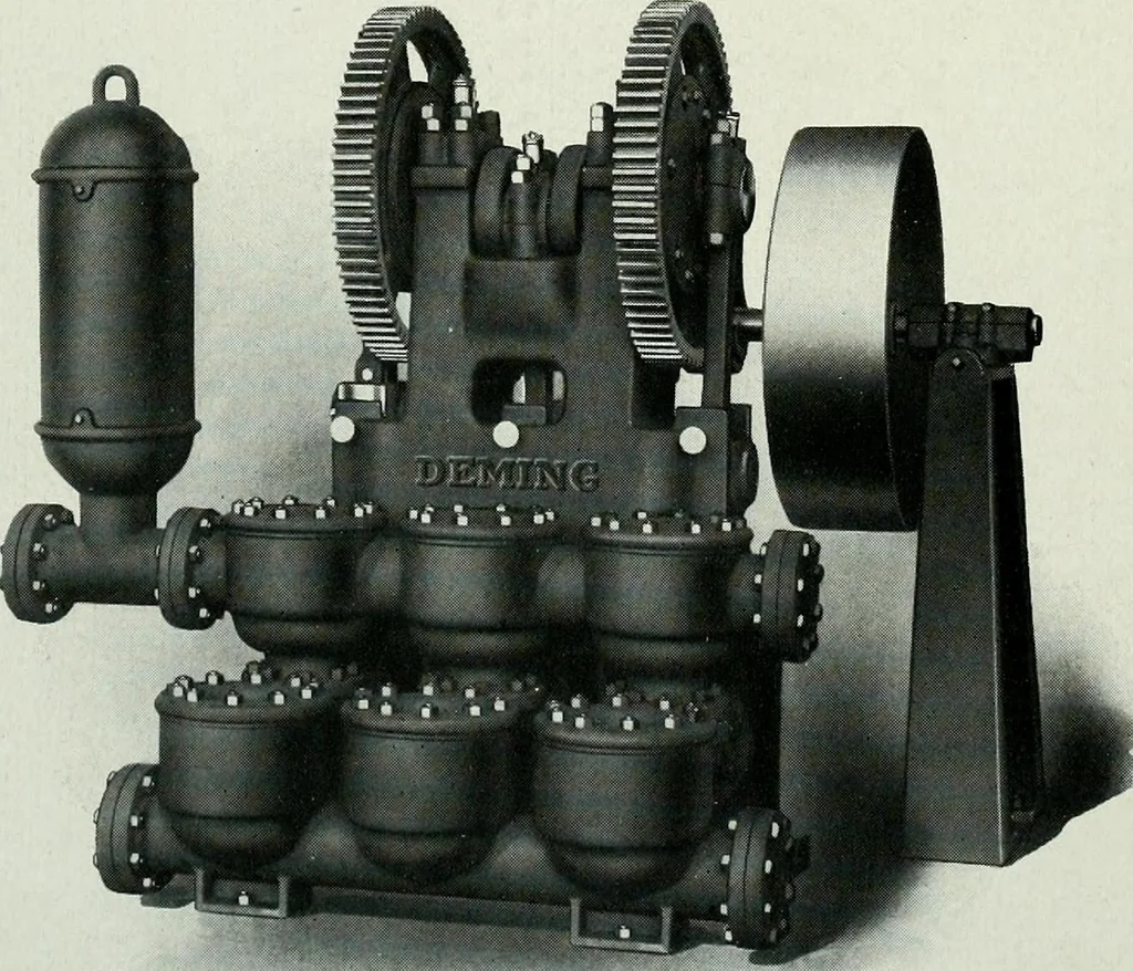 An illustration from Pumping machinery : for operation by any power : single and double acting triplex pumps for various services, deep well power working heads, artesian well cylinders, rotary and centrifugal pumps manufactured by the Deming Company, Salem, Ohio, U.S.A, 1915, leaf 35