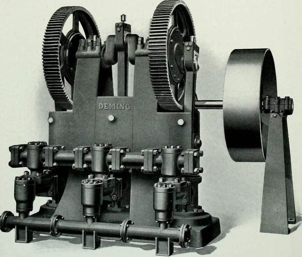An illustration from Pumping machinery : for operation by any power : single and double acting triplex pumps for various services, deep well power working heads, artesian well cylinders, rotary and centrifugal pumps manufactured by the Deming Company, Salem, Ohio, U.S.A, 1915, leaf 37