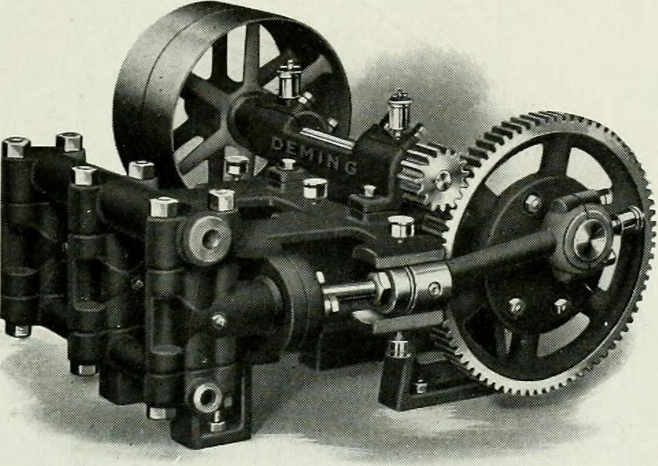 An illustration from Pumping machinery : for operation by any power : single and double acting triplex pumps for various services, deep well power working heads, artesian well cylinders, rotary and centrifugal pumps manufactured by the Deming Company, Salem, Ohio, U.S.A, 1915, leaf 39