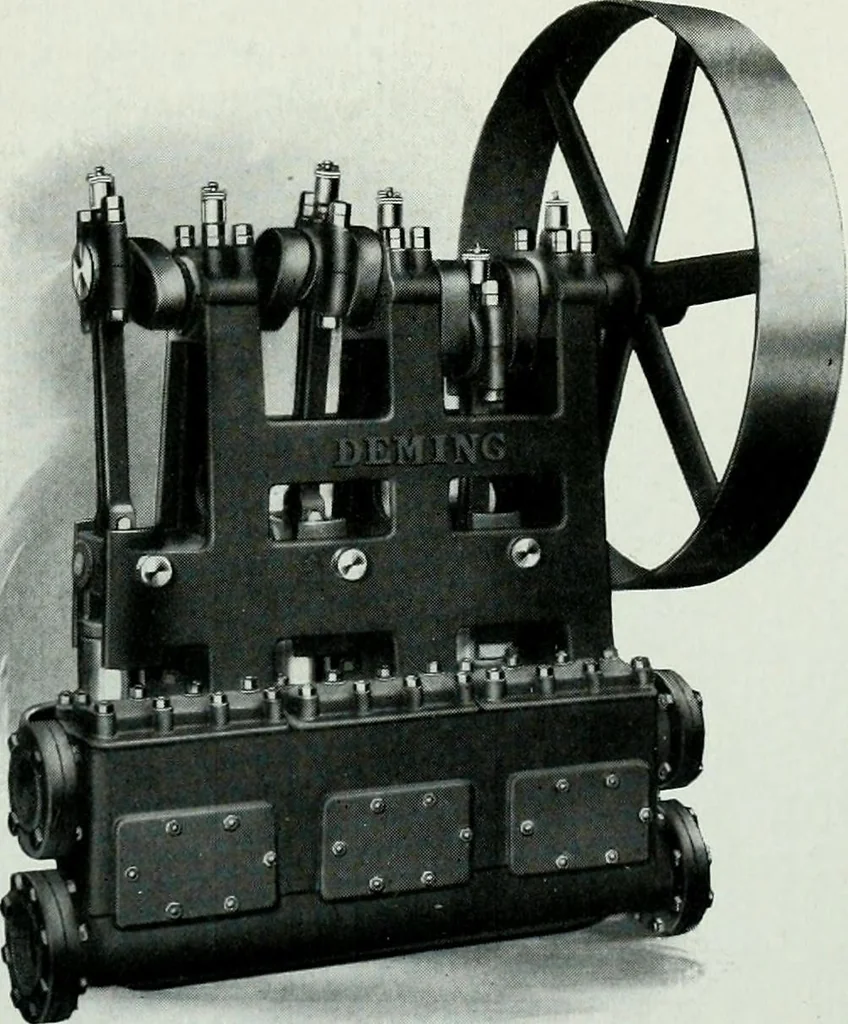 An illustration from Pumping machinery : for operation by any power : single and double acting triplex pumps for various services, deep well power working heads, artesian well cylinders, rotary and centrifugal pumps manufactured by the Deming Company, Salem, Ohio, U.S.A, 1915, leaf 45