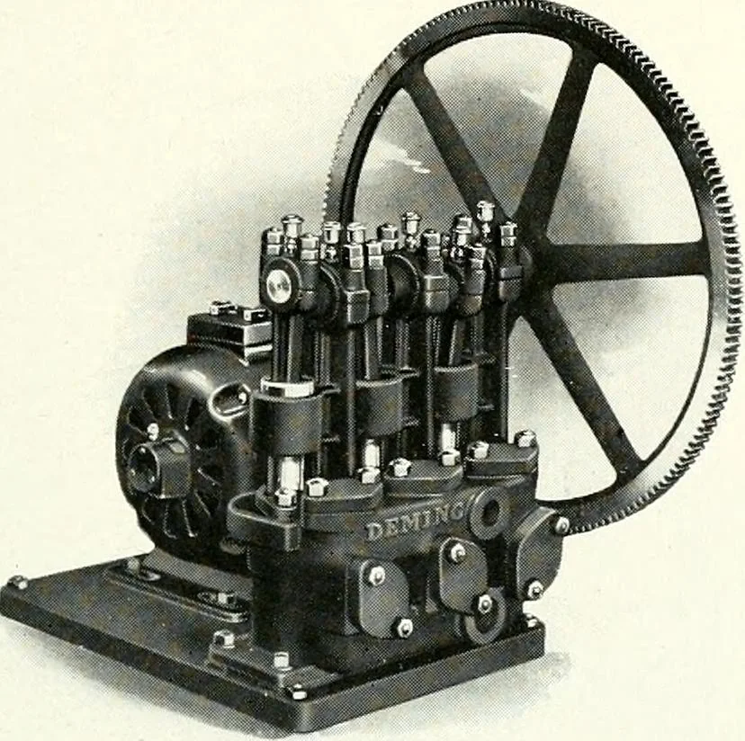 An illustration from Pumping machinery : for operation by any power : single and double acting triplex pumps for various services, deep well power working heads, artesian well cylinders, rotary and centrifugal pumps manufactured by the Deming Company, Salem, Ohio, U.S.A, 1915, leaf 52