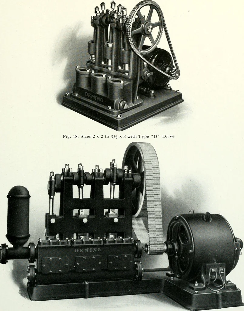 An illustration from Pumping machinery : for operation by any power : single and double acting triplex pumps for various services, deep well power working heads, artesian well cylinders, rotary and centrifugal pumps manufactured by the Deming Company, Salem, Ohio, U.S.A, 1915, leaf 54