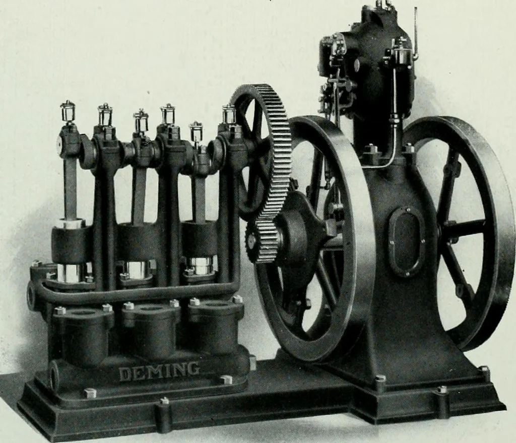 An illustration from Pumping machinery : for operation by any power : single and double acting triplex pumps for various services, deep well power working heads, artesian well cylinders, rotary and centrifugal pumps manufactured by the Deming Company, Salem, Ohio, U.S.A, 1915, leaf 55