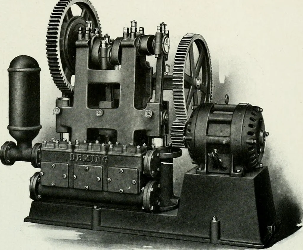 An illustration from Pumping machinery : for operation by any power : single and double acting triplex pumps for various services, deep well power working heads, artesian well cylinders, rotary and centrifugal pumps manufactured by the Deming Company, Salem, Ohio, U.S.A, 1915, leaf 57