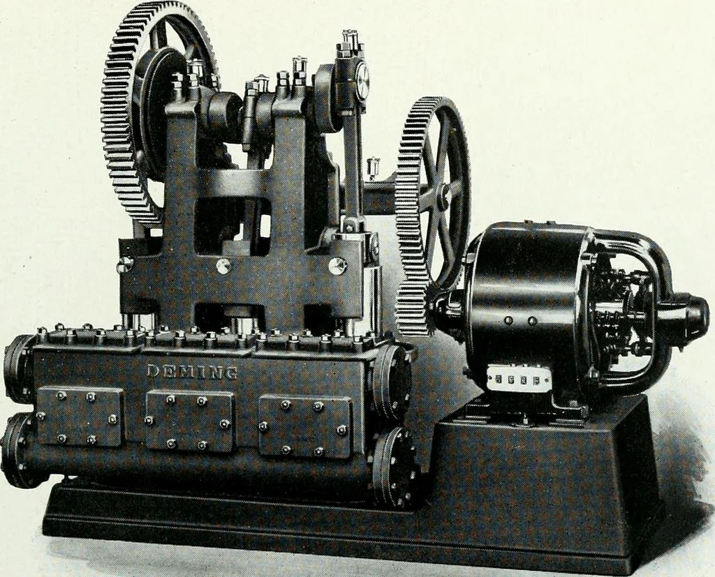 An illustration from Pumping machinery : for operation by any power : single and double acting triplex pumps for various services, deep well power working heads, artesian well cylinders, rotary and centrifugal pumps manufactured by the Deming Company, Salem, Ohio, U.S.A, 1915, leaf 58