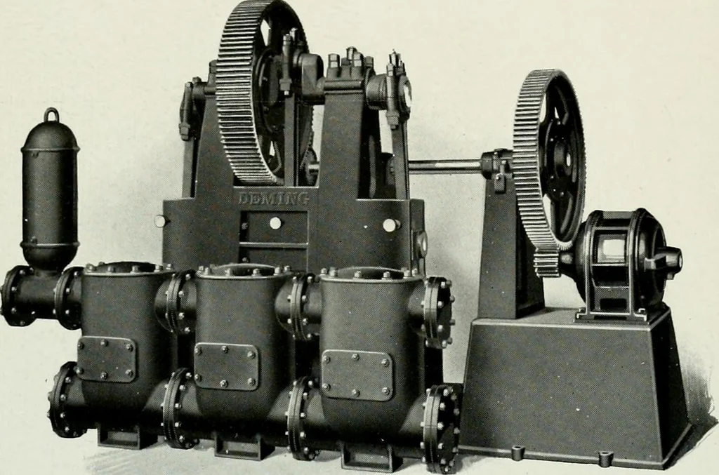 An illustration from Pumping machinery : for operation by any power : single and double acting triplex pumps for various services, deep well power working heads, artesian well cylinders, rotary and centrifugal pumps manufactured by the Deming Company, Salem, Ohio, U.S.A, 1915, leaf 59