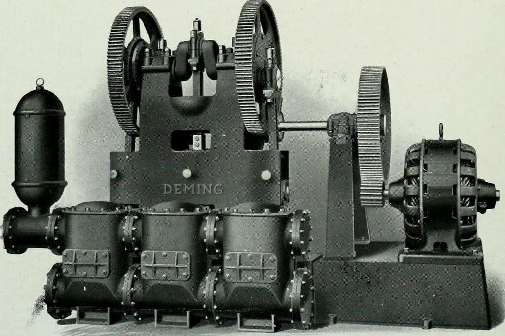 An illustration from Pumping machinery : for operation by any power : single and double acting triplex pumps for various services, deep well power working heads, artesian well cylinders, rotary and centrifugal pumps manufactured by the Deming Company, Salem, Ohio, U.S.A, 1915, leaf 59