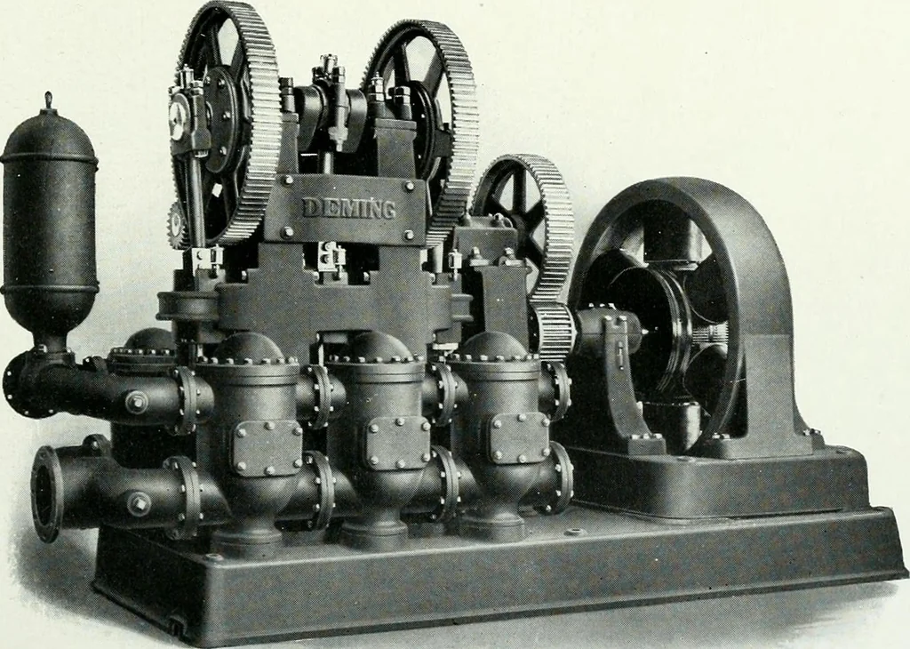An illustration from Pumping machinery : for operation by any power : single and double acting triplex pumps for various services, deep well power working heads, artesian well cylinders, rotary and centrifugal pumps manufactured by the Deming Company, Salem, Ohio, U.S.A, 1915, leaf 60