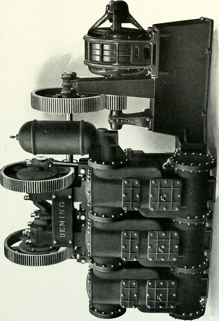 An illustration from Pumping machinery : for operation by any power : single and double acting triplex pumps for various services, deep well power working heads, artesian well cylinders, rotary and centrifugal pumps manufactured by the Deming Company, Salem, Ohio, U.S.A, 1915, leaf 62