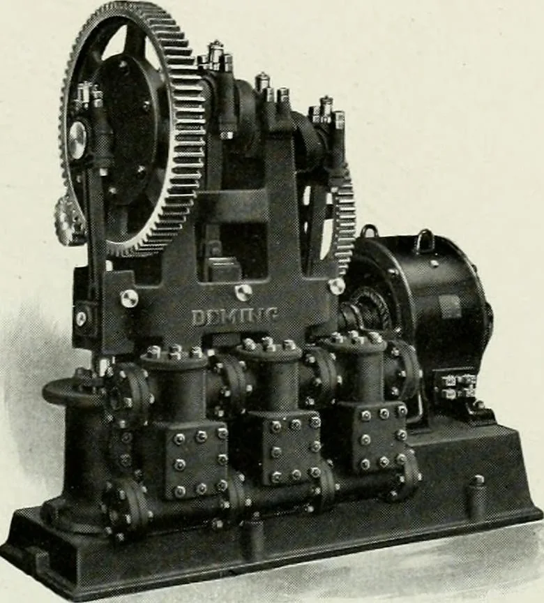 An illustration from Pumping machinery : for operation by any power : single and double acting triplex pumps for various services, deep well power working heads, artesian well cylinders, rotary and centrifugal pumps manufactured by the Deming Company, Salem, Ohio, U.S.A, 1915, leaf 63