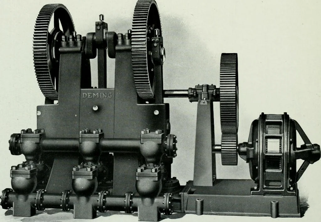 An illustration from Pumping machinery : for operation by any power : single and double acting triplex pumps for various services, deep well power working heads, artesian well cylinders, rotary and centrifugal pumps manufactured by the Deming Company, Salem, Ohio, U.S.A, 1915, leaf 63