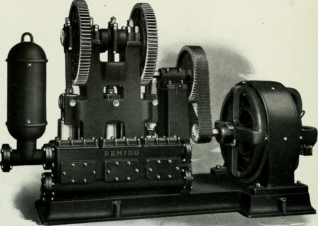 An illustration from Pumping machinery : for operation by any power : single and double acting triplex pumps for various services, deep well power working heads, artesian well cylinders, rotary and centrifugal pumps manufactured by the Deming Company, Salem, Ohio, U.S.A, 1915, leaf 65