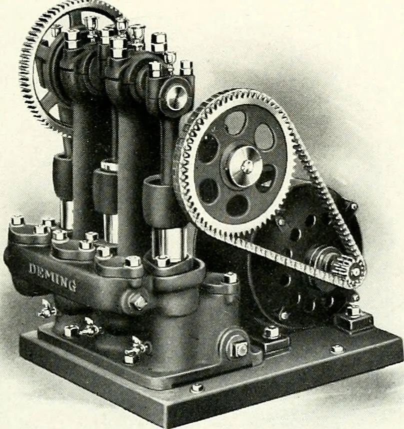 An illustration from Pumping machinery : for operation by any power : single and double acting triplex pumps for various services, deep well power working heads, artesian well cylinders, rotary and centrifugal pumps manufactured by the Deming Company, Salem, Ohio, U.S.A, 1915, leaf 66