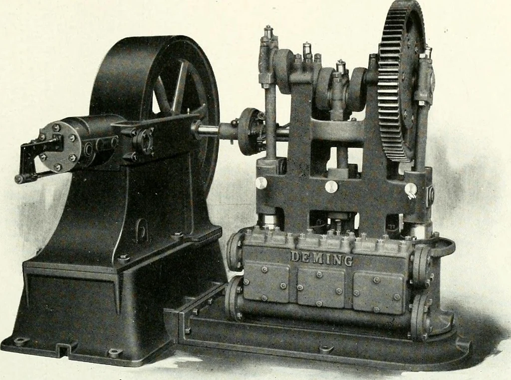 An illustration from Pumping machinery : for operation by any power : single and double acting triplex pumps for various services, deep well power working heads, artesian well cylinders, rotary and centrifugal pumps manufactured by the Deming Company, Salem, Ohio, U.S.A, 1915, leaf 68