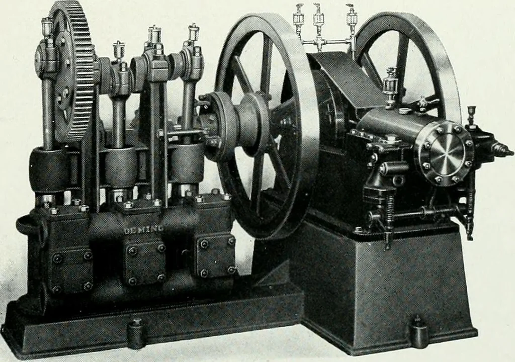 An illustration from Pumping machinery : for operation by any power : single and double acting triplex pumps for various services, deep well power working heads, artesian well cylinders, rotary and centrifugal pumps manufactured by the Deming Company, Salem, Ohio, U.S.A, 1915, leaf 68