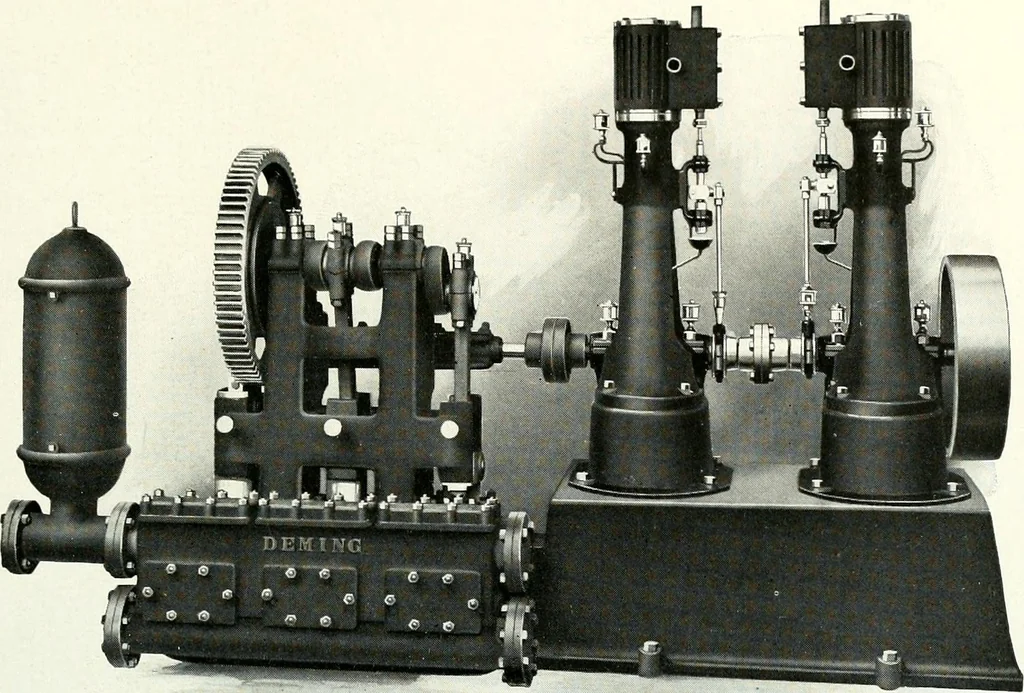 An illustration from Pumping machinery : for operation by any power : single and double acting triplex pumps for various services, deep well power working heads, artesian well cylinders, rotary and centrifugal pumps manufactured by the Deming Company, Salem, Ohio, U.S.A, 1915, leaf 70