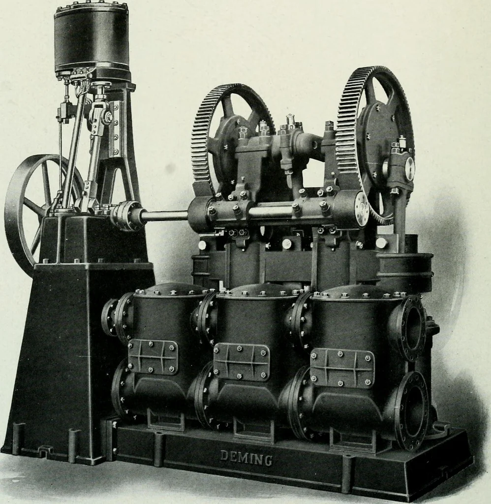An illustration from Pumping machinery : for operation by any power : single and double acting triplex pumps for various services, deep well power working heads, artesian well cylinders, rotary and centrifugal pumps manufactured by the Deming Company, Salem, Ohio, U.S.A, 1915, leaf 71