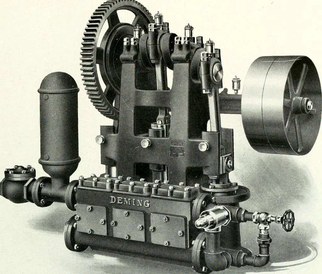 An illustration from Pumping machinery : for operation by any power : single and double acting triplex pumps for various services, deep well power working heads, artesian well cylinders, rotary and centrifugal pumps manufactured by the Deming Company, Salem, Ohio, U.S.A, 1915, leaf 72