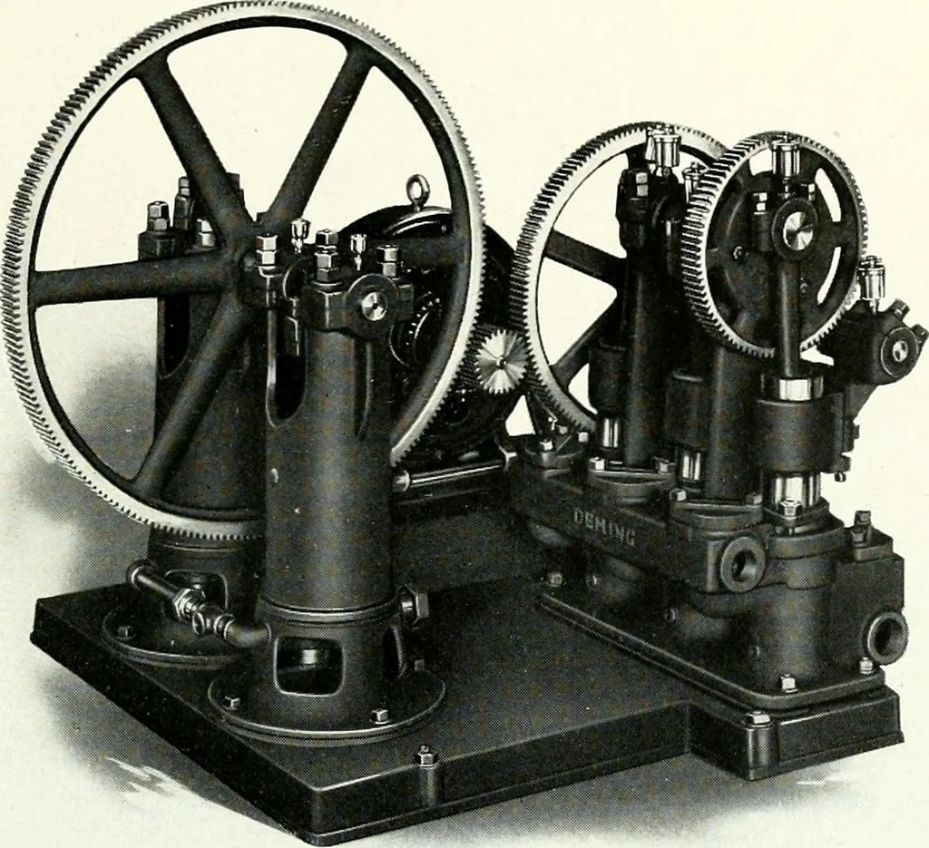An illustration from Pumping machinery : for operation by any power : single and double acting triplex pumps for various services, deep well power working heads, artesian well cylinders, rotary and centrifugal pumps manufactured by the Deming Company, Salem, Ohio, U.S.A, 1915, leaf 74