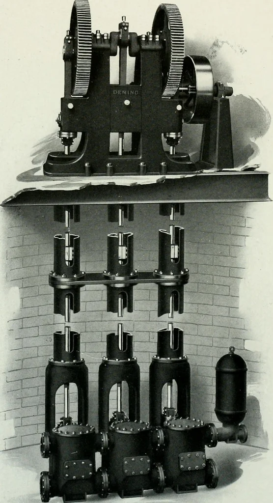 An illustration from Pumping machinery : for operation by any power : single and double acting triplex pumps for various services, deep well power working heads, artesian well cylinders, rotary and centrifugal pumps manufactured by the Deming Company, Salem, Ohio, U.S.A, 1915, leaf 75