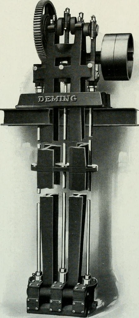 An illustration from Pumping machinery : for operation by any power : single and double acting triplex pumps for various services, deep well power working heads, artesian well cylinders, rotary and centrifugal pumps manufactured by the Deming Company, Salem, Ohio, U.S.A, 1915, leaf 77