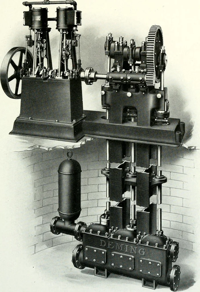 An illustration from Pumping machinery : for operation by any power : single and double acting triplex pumps for various services, deep well power working heads, artesian well cylinders, rotary and centrifugal pumps manufactured by the Deming Company, Salem, Ohio, U.S.A, 1915, leaf 78