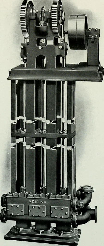 An illustration from Pumping machinery : for operation by any power : single and double acting triplex pumps for various services, deep well power working heads, artesian well cylinders, rotary and centrifugal pumps manufactured by the Deming Company, Salem, Ohio, U.S.A, 1915, leaf 79