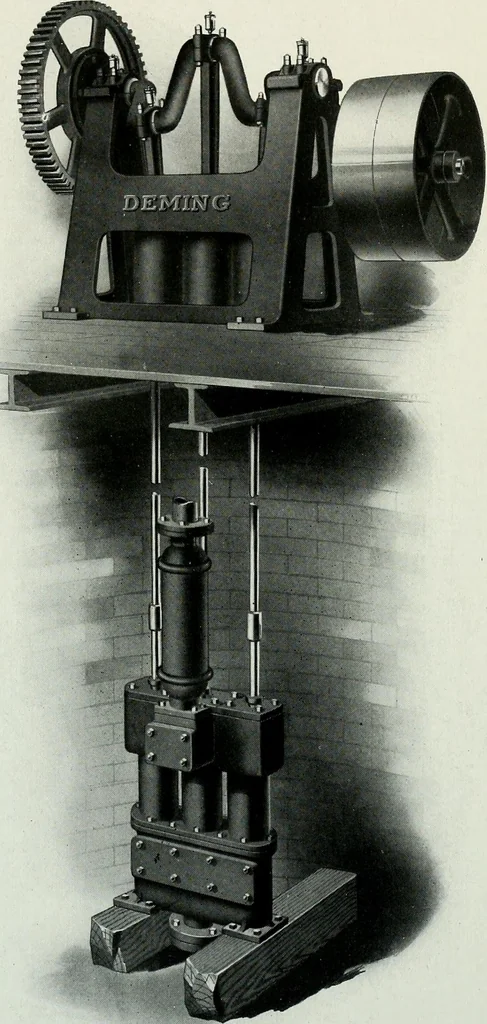 An illustration from Pumping machinery : for operation by any power : single and double acting triplex pumps for various services, deep well power working heads, artesian well cylinders, rotary and centrifugal pumps manufactured by the Deming Company, Salem, Ohio, U.S.A, 1915, leaf 83