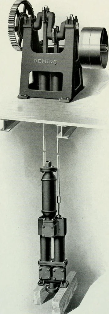An illustration from Pumping machinery : for operation by any power : single and double acting triplex pumps for various services, deep well power working heads, artesian well cylinders, rotary and centrifugal pumps manufactured by the Deming Company, Salem, Ohio, U.S.A, 1915, leaf 85