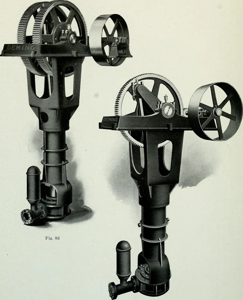 An illustration from Pumping machinery : for operation by any power : single and double acting triplex pumps for various services, deep well power working heads, artesian well cylinders, rotary and centrifugal pumps manufactured by the Deming Company, Salem, Ohio, U.S.A, 1915, leaf 89