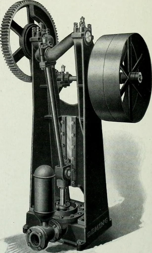 An illustration from Pumping machinery : for operation by any power : single and double acting triplex pumps for various services, deep well power working heads, artesian well cylinders, rotary and centrifugal pumps manufactured by the Deming Company, Salem, Ohio, U.S.A, 1915, leaf 91