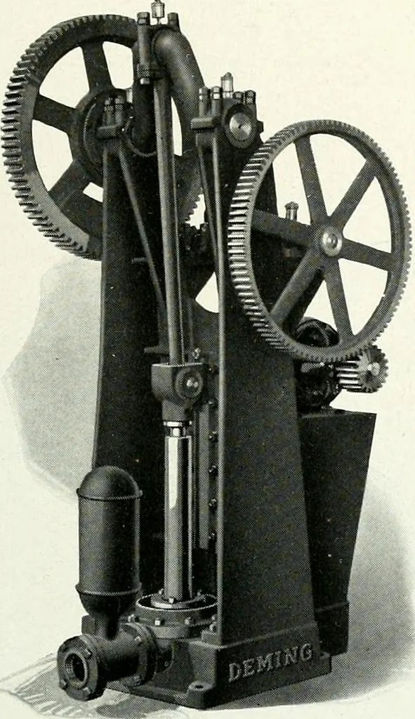 An illustration from Pumping machinery : for operation by any power : single and double acting triplex pumps for various services, deep well power working heads, artesian well cylinders, rotary and centrifugal pumps manufactured by the Deming Company, Salem, Ohio, U.S.A, 1915, leaf 94