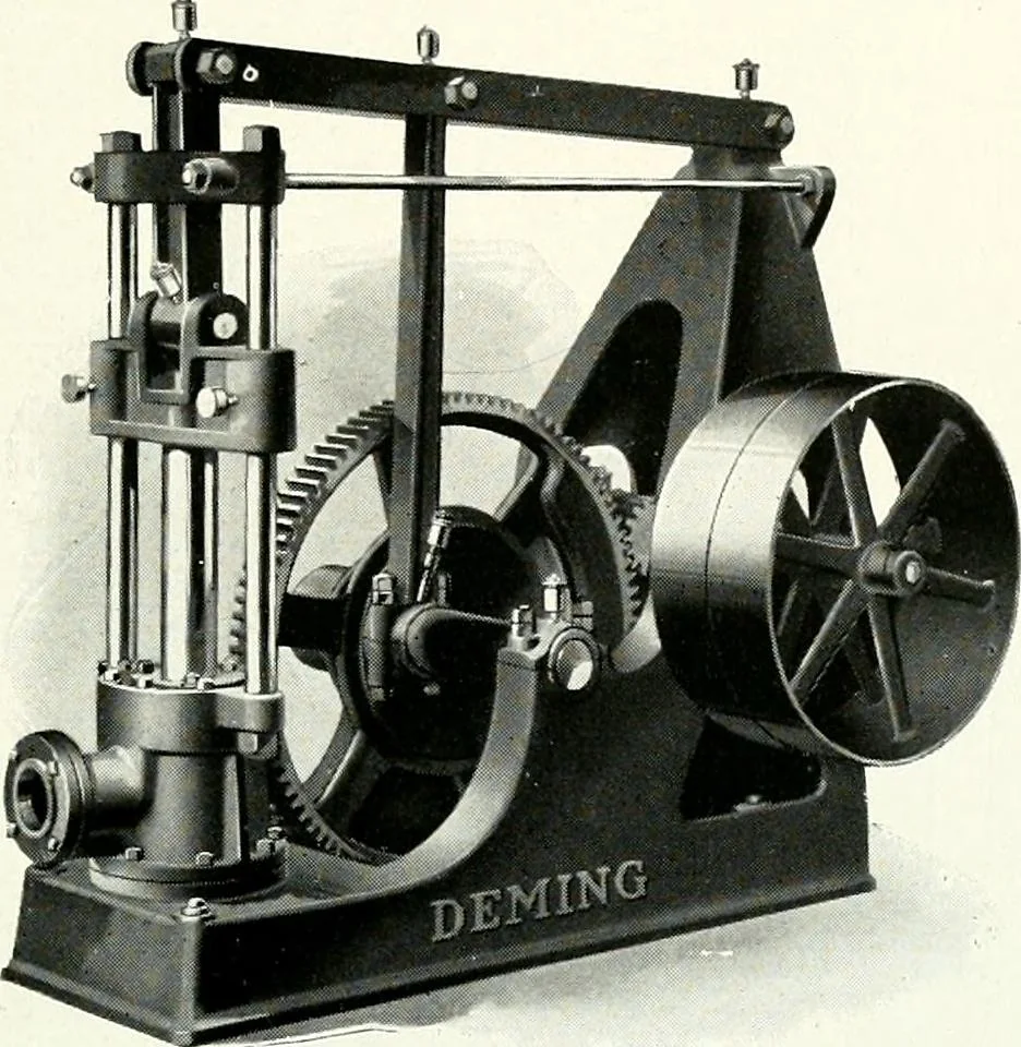 An illustration from Pumping machinery : for operation by any power : single and double acting triplex pumps for various services, deep well power working heads, artesian well cylinders, rotary and centrifugal pumps manufactured by the Deming Company, Salem, Ohio, U.S.A, 1915, leaf 96