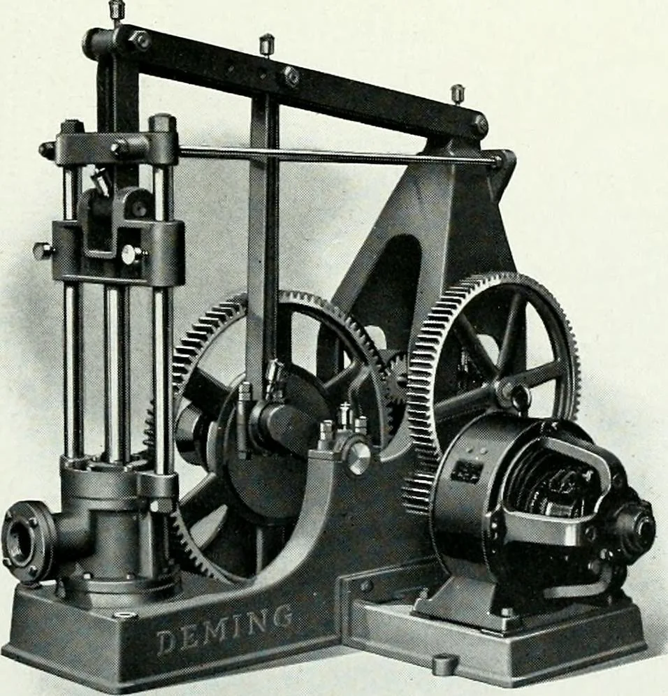 An illustration from Pumping machinery : for operation by any power : single and double acting triplex pumps for various services, deep well power working heads, artesian well cylinders, rotary and centrifugal pumps manufactured by the Deming Company, Salem, Ohio, U.S.A, 1915, leaf 96