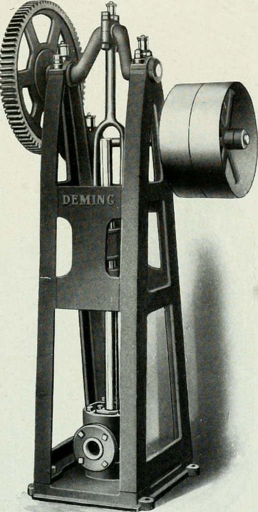 An illustration from Pumping machinery : for operation by any power : single and double acting triplex pumps for various services, deep well power working heads, artesian well cylinders, rotary and centrifugal pumps manufactured by the Deming Company, Salem, Ohio, U.S.A, 1915, leaf 97