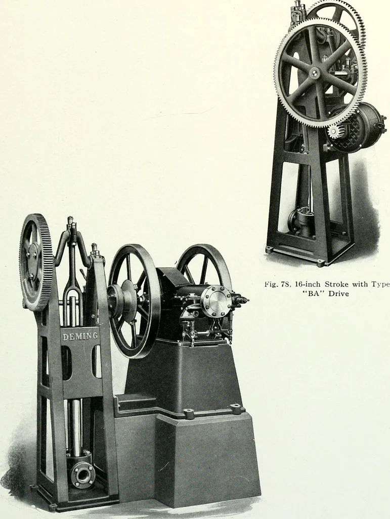 An illustration from Pumping machinery : for operation by any power : single and double acting triplex pumps for various services, deep well power working heads, artesian well cylinders, rotary and centrifugal pumps manufactured by the Deming Company, Salem, Ohio, U.S.A, 1915, leaf 98