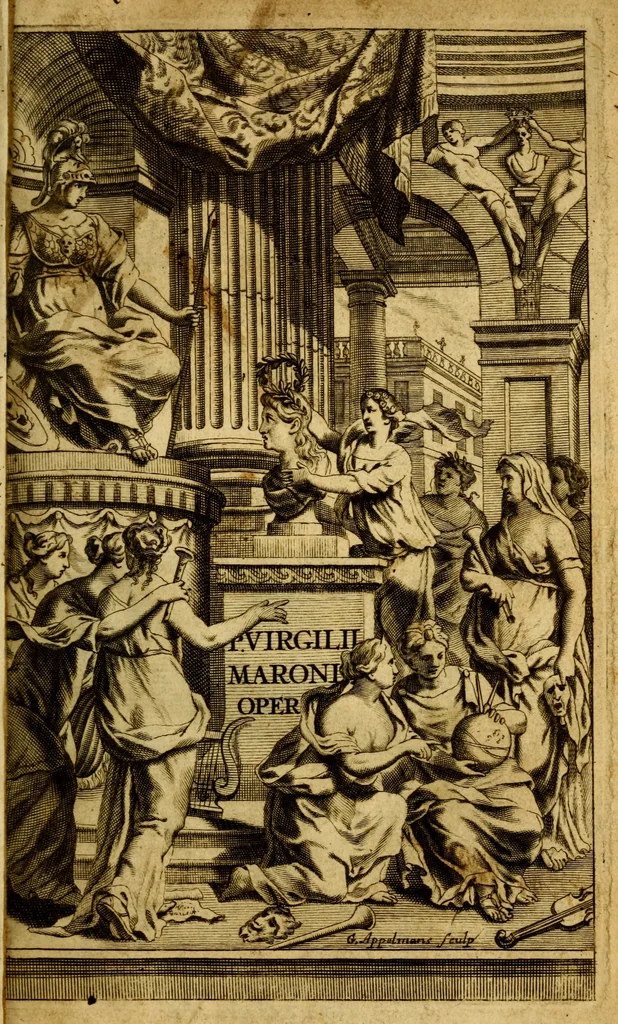 An illustration from P. Virgilii Maronis Opera in tres tomos divisa : cum integris notis Servii, Philargyrii, nec non J. Pierii variis lectionibus, & selectissimis plerisque commentariis Donati, Probi, Nannii, Sabini, Germani, Cerdæ, Taubmanni, & aliorum, 1680, leaf 4