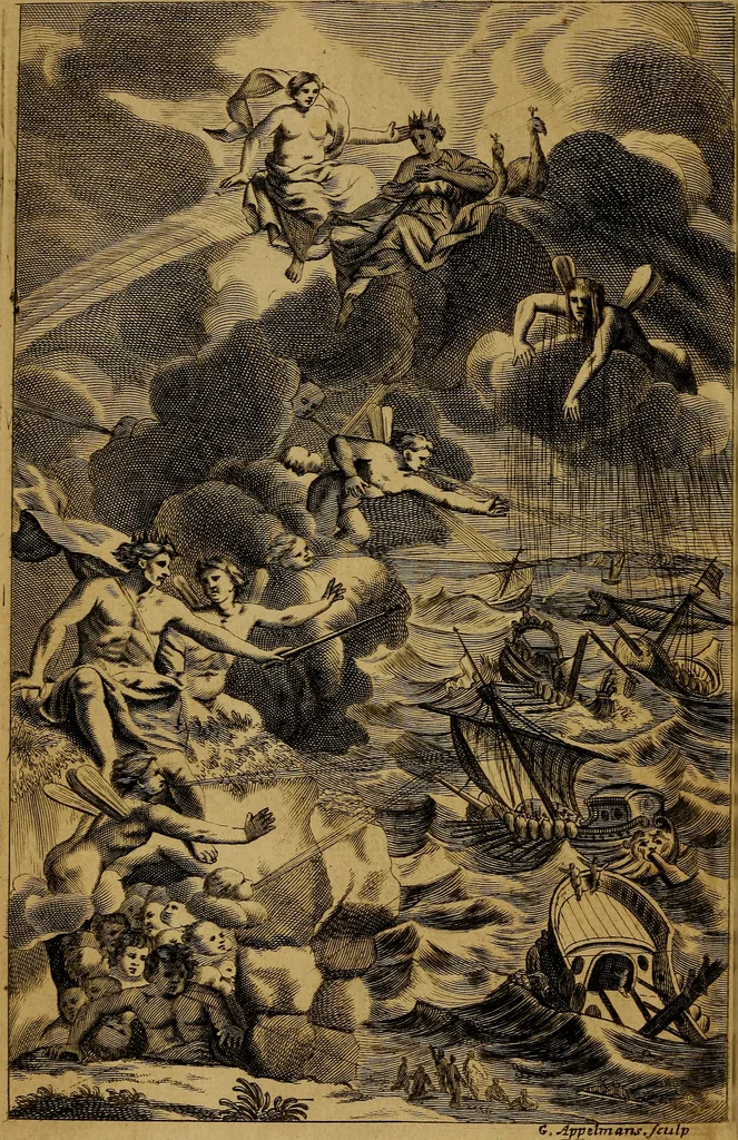 An illustration from P. Virgilii Maronis Opera in tres tomos divisa : cum integris notis Servii, Philargyrii, nec non J. Pierii variis lectionibus, & selectissimis plerisque commentariis Donati, Probi, Nannii, Sabini, Germani, Cerdæ, Taubmanni, & aliorum, 1680, leaf 5