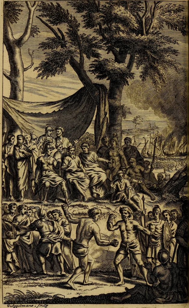An illustration from P. Virgilii Maronis Opera in tres tomos divisa : cum integris notis Servii, Philargyrii, nec non J. Pierii variis lectionibus, & selectissimis plerisque commentariis Donati, Probi, Nannii, Sabini, Germani, Cerdæ, Taubmanni, & aliorum, 1680, leaf 799